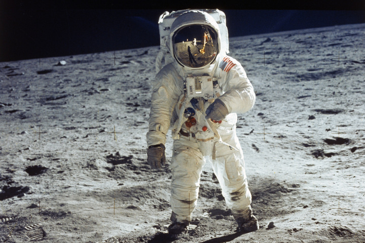 Apollo 11 astronaut Buzz Aldrin standing on moon,